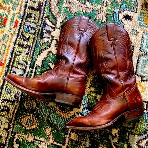 Cognac Genuine Leather Frye Billy Cowboy Boots Green & Gold Embroidery 8 1/2